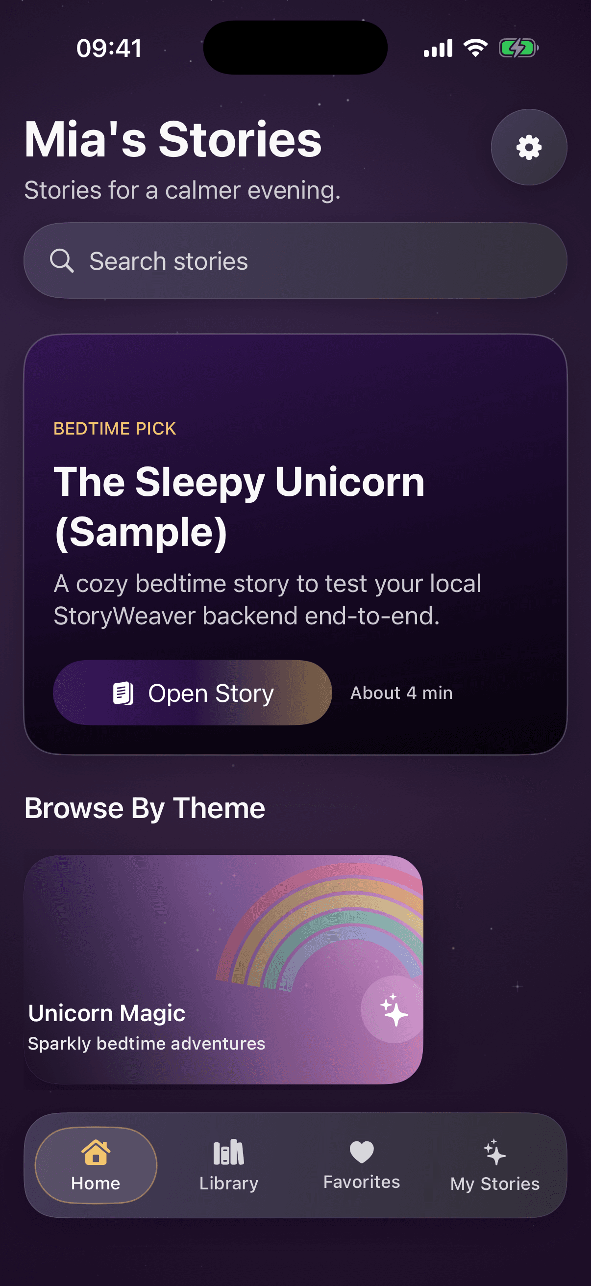 StoryWeaver iOS home screen with bedtime story recommendations
